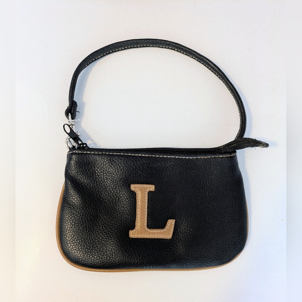 Wristlet Black Vinyl Wristlet with Tan Monogram L Accent